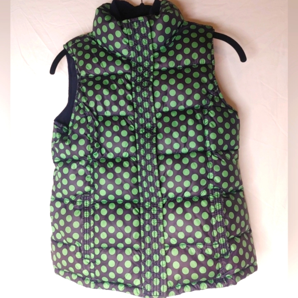 Gap Kids Puffer Vest Girls XL Sz12  Green Polka Dot Navy Fleece Lined‎ Full Zip